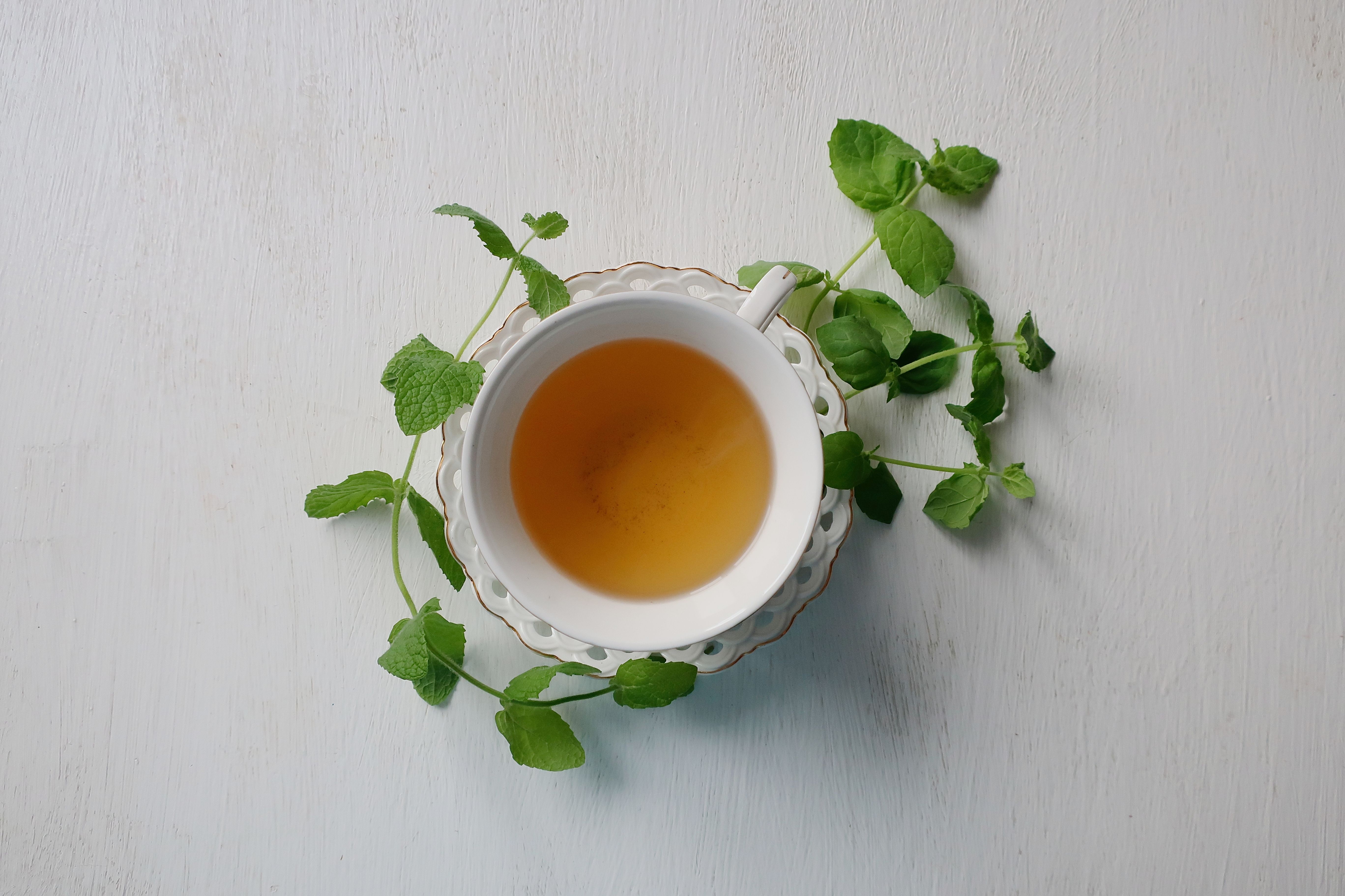 Taza de infusión sobre una superficie blanca